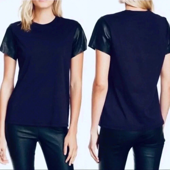 VINCE EUC Navy Blue Black Mixed Media Wool Leather T Shirt Tee M - Picture 1 of 5